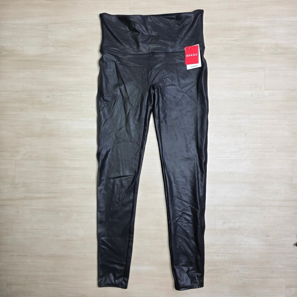 Spanx Black Faux Leather‎ Leggings 2437 High Waisted Shaping Womens Large New